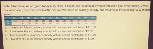 In the table below, we are given two annuity plans, A and B, and the amount invested into each plan