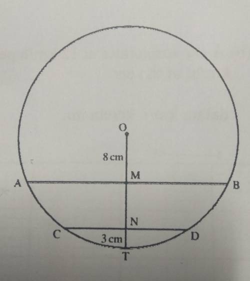 The diagram shows a circle, centre O. AB and CD are chord. Given that OM = 8cm, NT = 3cm, AB = 30cm