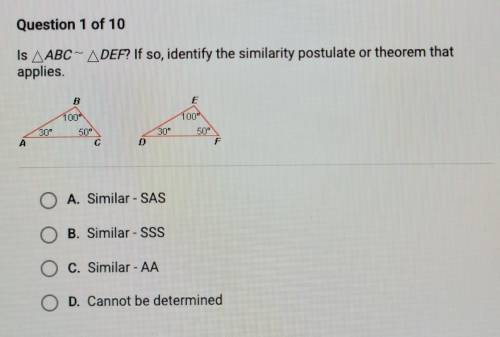 Is ABC-DEF? If so, identify the similarity postulate or theorem that applies.