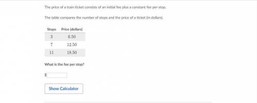 The price of a train ticket consists of an initial fee plus a constant fee per stop.

The table c