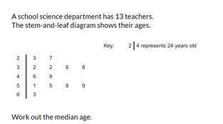 A school science department has 13 teachers.

The stem-and-leaf diagram shows their ages.
Work out