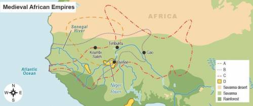 This map shows West Africa at the time of medieval empires.

 
What does the B represent on the map