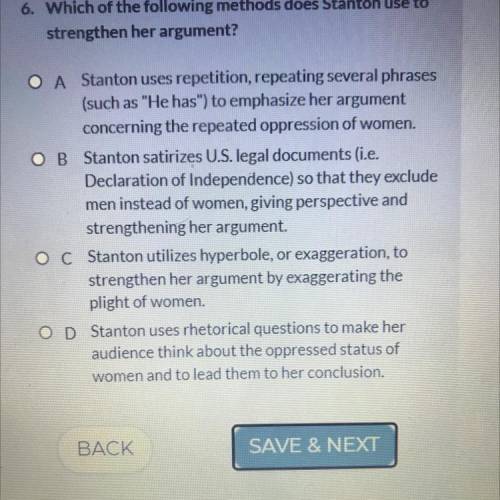 Which of the following methods does Stanton use to
strengthen her argument?