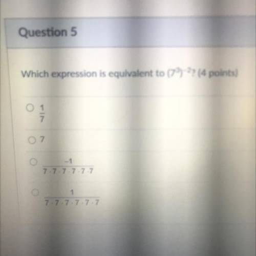 Which expression is equivalent to (7^3)^-^2