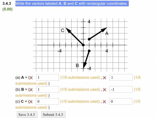 Write the vectors labeled A, B and C with rectangular coordinates.