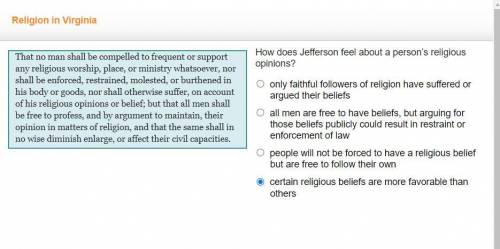 How does Jefferson feel about a person’s religious opinions?