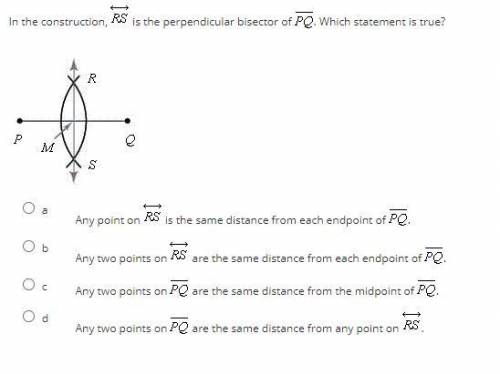 In the construction, RS is the perpendicular bisector of PQ. Which statement is true?