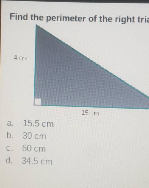 Find the perimeter of the right triangle. If necessary, round to the nearest tenth. 4 cm 15 cm

a.