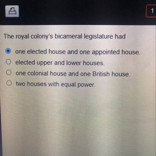 N

The royal colony's bicameral legislature had
one elected house and one appointed house.
elected