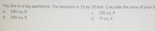 You live in a big apartment. The bedroom is 15 by 20 feet. Calculate the area of your bedroom. C. 1