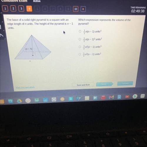HELP PLSSS!!! Hurry

The base of a solid right pyramid is a square with an
edge length of n units.