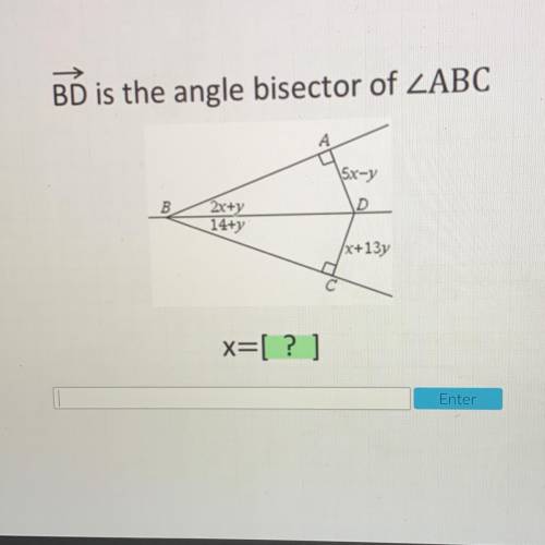 BD is the angle bisector of ZABC
\sx-y
В.
2x+y
14+y
D
/x+13y
x=[?]