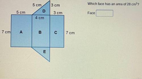 5 cm

3 cm
Which face has an area of 28 cm2?
5 cm
3 cm
Face
4 cm
7 cm
А
B
с
7 cm
E