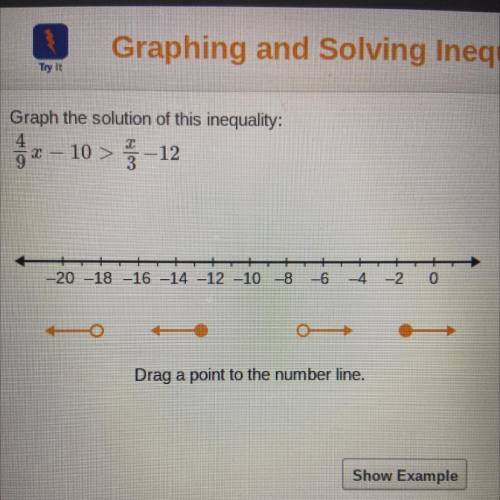 HELP! Graph the solution of this inequality 4/9x-10>x/3-12