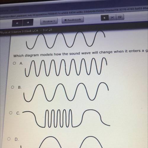 The diagram models a sound wave traveling through a liquid.

Which diagram models how the sound wa