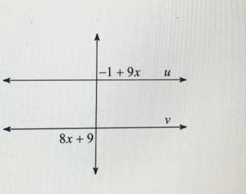 Find the value of x that makes lines u and v parallel. 
Please help!