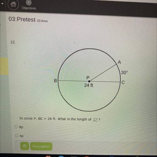 In circle P, BC = 24 ft. What is the length of AC?