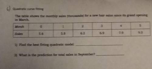 Quadratic curve fitting

The table shows the monthly sales (thousands) for a new hair salon since