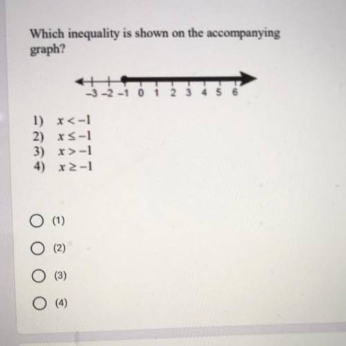 Which inequality is shown on the accompanying

graph?
1) X <-1
2) XS-1
3) x>-1
4) x2-1
