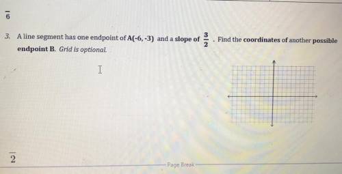 PLEASE HELP. 3

A line segment has one endpoint of A(-6, -3) and a slope of 3^2
Find the coordina