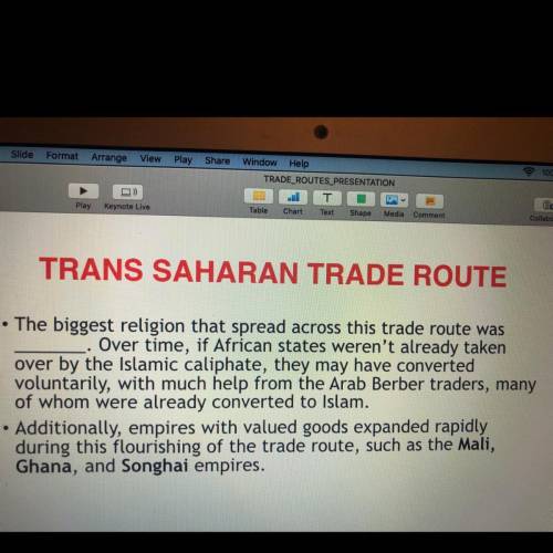 Please answer both

TRANS SAHARAN TRADE ROUTE
• The biggest religion that spread across this trade