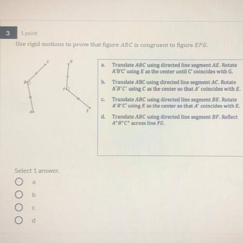 PLEASE Use rigid motion to prove that figure ABC is congruent to figure EFG