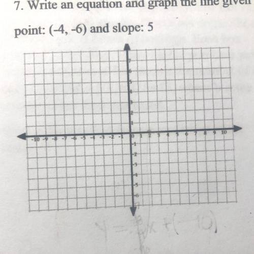 7. Write an equation and graph the line given the

point: (-4,-6) and slope: 5
Plzzz help