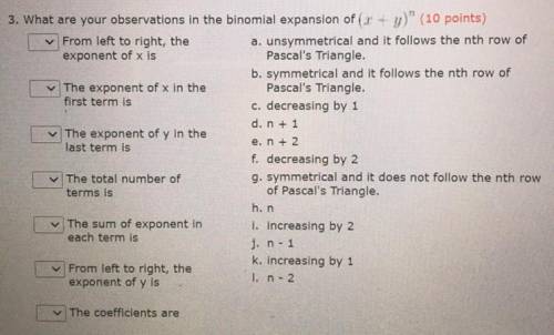 Binomial theorem

What are you observations in the binomial expansion of (x+y)^n
Need help