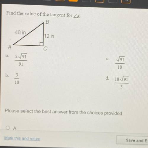 Find the value of the tangent for angle A