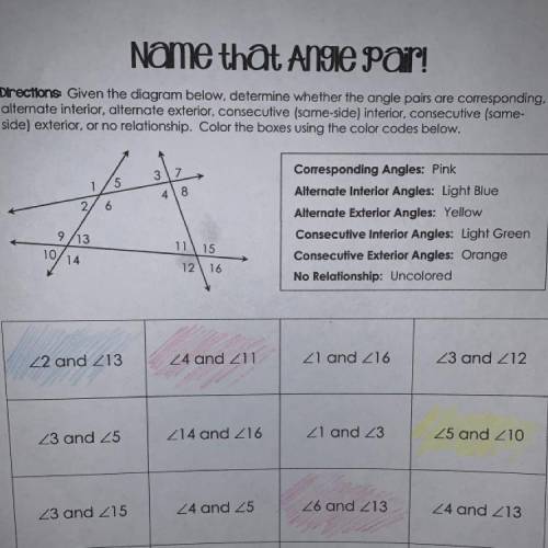 HELP PLEASE

Directions. Given the diagram below, determine whether the angle pairs are correspond