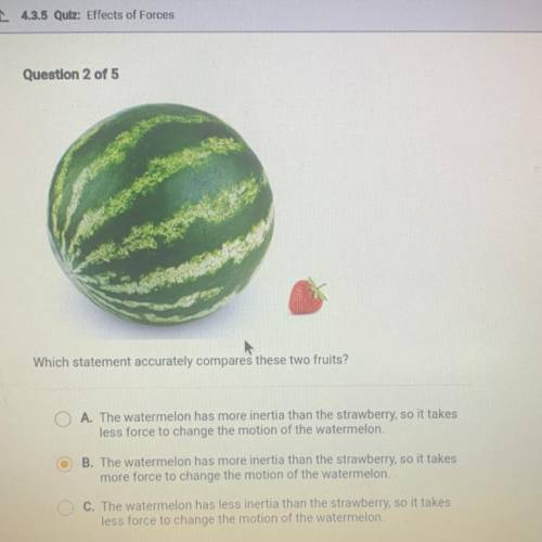 Which statement accurately compares these two fruits?

A. The watermelon has more inertia than the