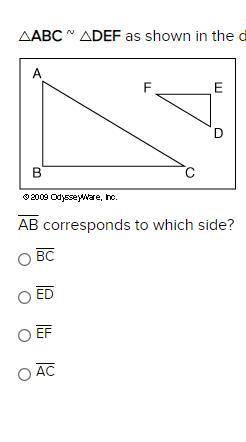 △ABC ~ △DEF as shown in the diagram below:

AB corresponds to which side?
BC
ED
EF
AC