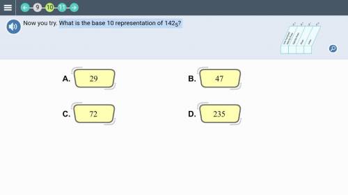 PLEASE HELP
What is the base 10 representation of 142^5?
A.29
B.47
C.72
D.235