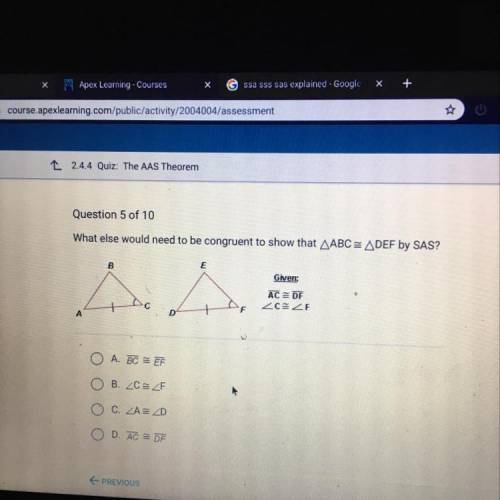 What else would need to be congruent to show that triangle ABC equals triangle DEF by SAS