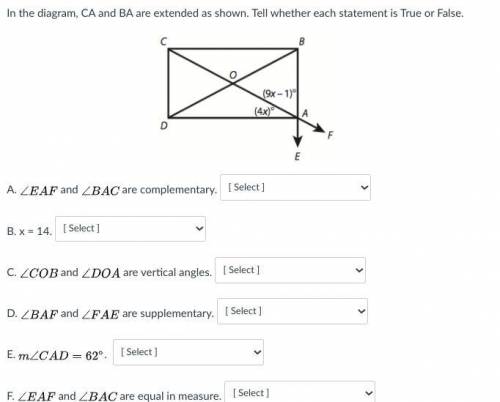 In the diagram, CA and BA are extended as shown. Tell whether each statement is True or False.