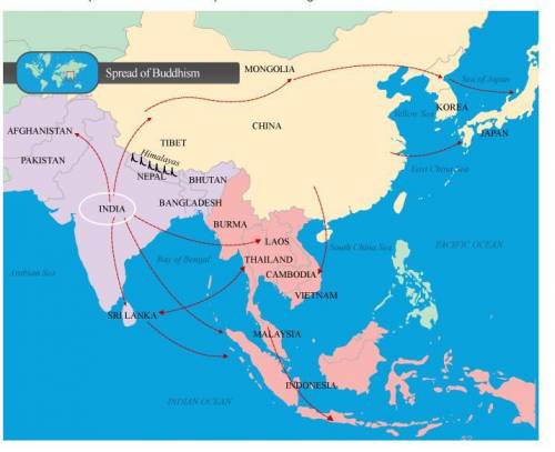 I NEED HELP ASAP Based on the map, where did Buddhism spread from into Afghanistan?

A. 
Bhu