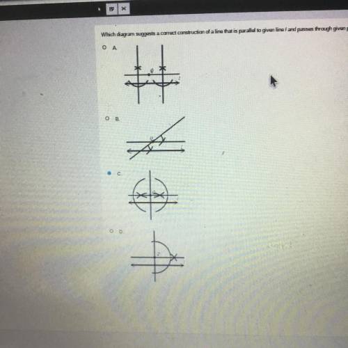 Which diagram suggests a correct construction of a line that is parallel to given line I and passes
