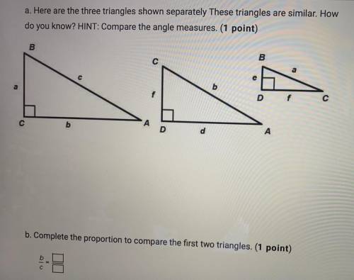 B. Complete the proportion to compare the first two triangles. (1 point)