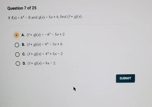 If f(x)=4^x-8 and g(x) =5x+6, find (f+g)(x)