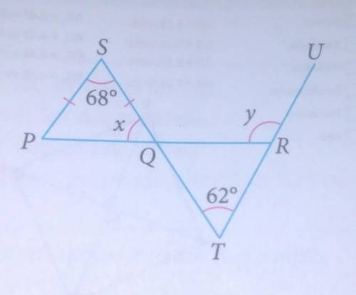 PQR, SQT and TRU are straight line. Calculate the value of X and Y. HELPPPPP  will mark as bra