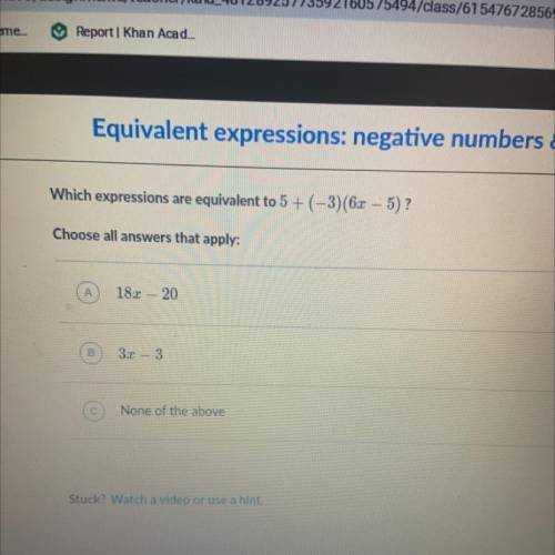 Which expression is equivalent to 5 +(-3)(6x-5)