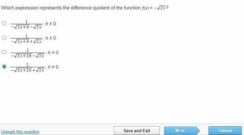 Which expression represents the difference quotient of the function f (x) = -sqrt 2x?

(attached p