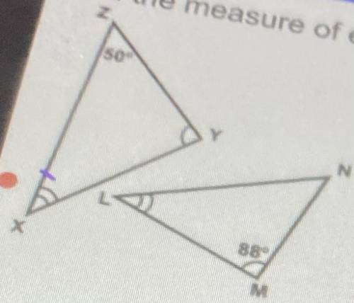 Find the measure of each missing angle in each triangle. (I need the explanation as well :( )