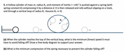 5. A hollow cylinder of mass m, radius Rc, and moment of inertia I = mRc2 is pushed against a sprin