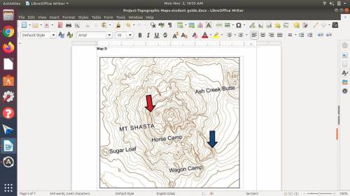 1. How do you know that the landform indicated by the red arrow has a steep elevation?

2. How is