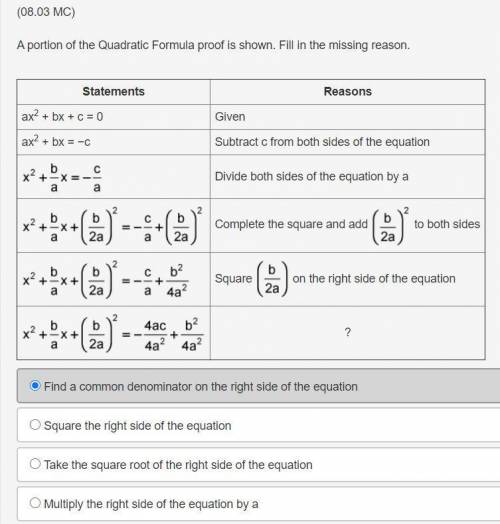 A portion of the Quadratic Formula proof is shown. Fill in the missing reason.

See image attached