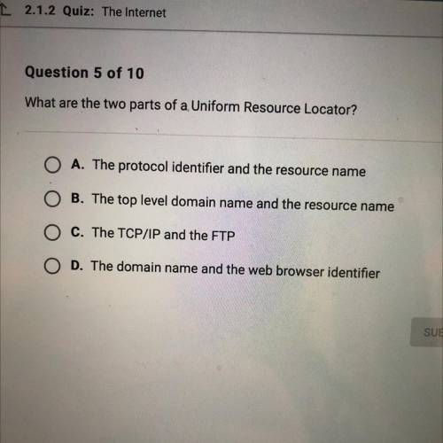 What are the two parts of a Uniform Resource Locator?

O A. The protocol identifier and the resour