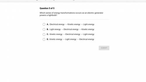 Which series of energy transformations occurs as an electric generator powers a light bulb