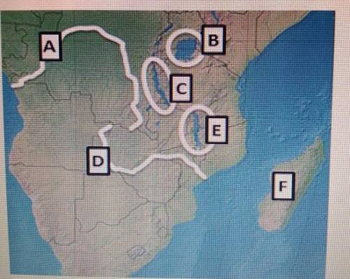Together, the landforms at B, C, and E are known as the ________.

A. African Great LakesB. SahelC