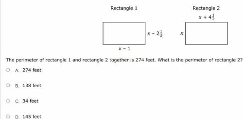 The perimeter of rectangle 1 and rectangle 2 together is 274 feet. What is the perimeter of rectang